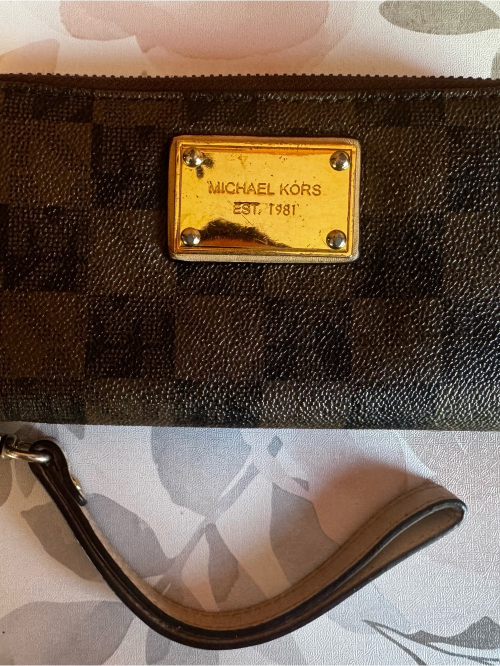 Michael Kors Brown Checkered Zip Around Wristlet Wallet